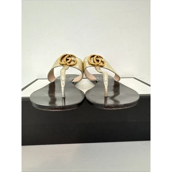 Gucci GG Gold Marmont Leather Thong Sandals Flat Shoes Authentic EU 37 US 7